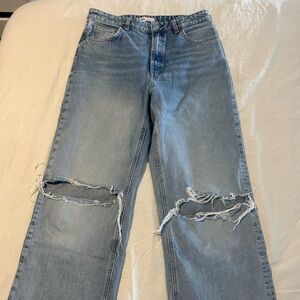 Zara Light Blue Distressed Straight Leg Jeans